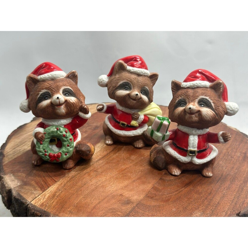 Homco Christmas Raccoon Santa Figurines Lot 3 Small Ceramic
